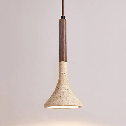 Royelux Travertine Cone Pendant Light with Walnut Wood Accent