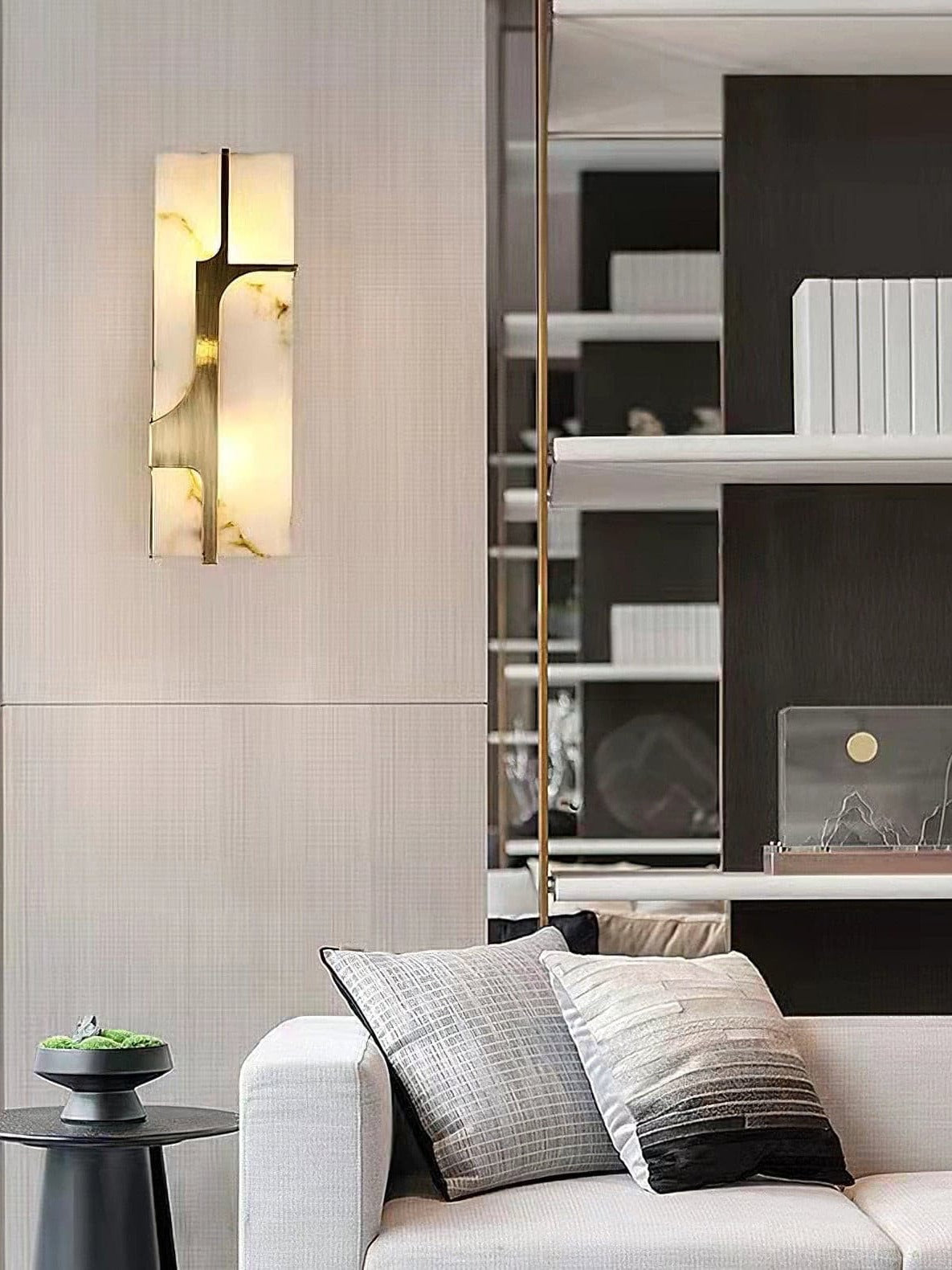 LuxRoyale Ariel Alabaster Wall Lamp With Brass Frame For Modern Living Rooms And Hallways