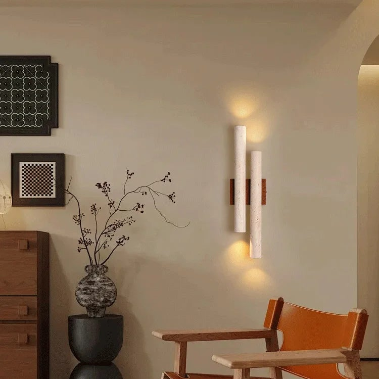 LuxRoyale Travertine Stone Wall Sconce Light - Modern Up Down Bedroom Lamp 50cm