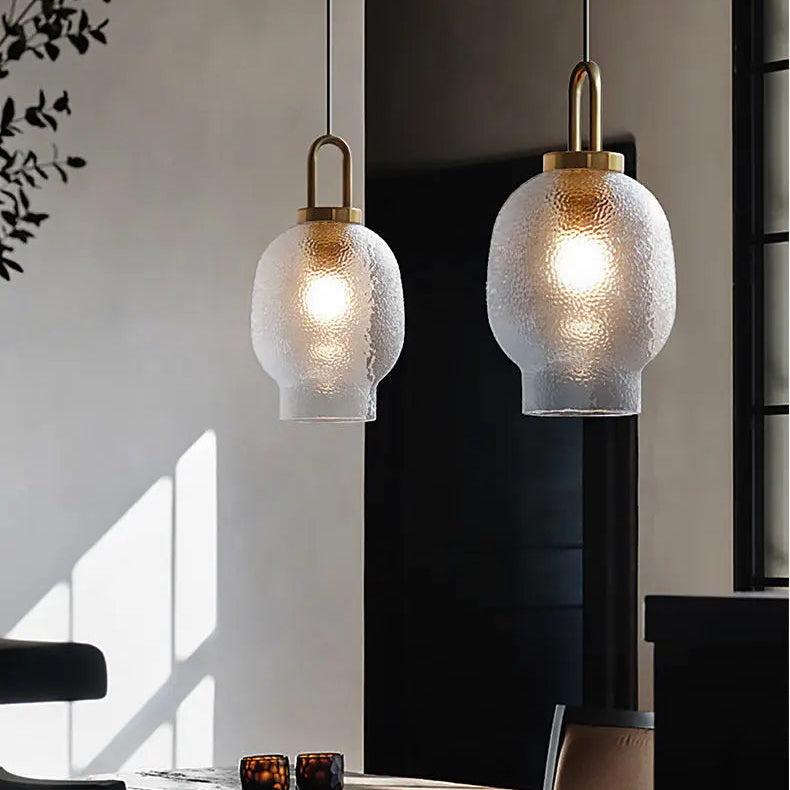 RoyaleGlow Mid-Century Textured Glass & Brass Pendant Light - Modern Ceiling Fixture
