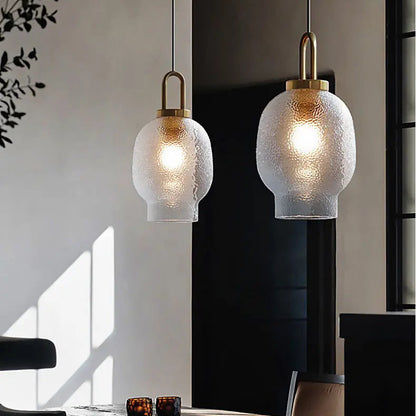 RoyaleGlow Mid-Century Textured Glass & Brass Pendant Light - Modern Ceiling Fixture