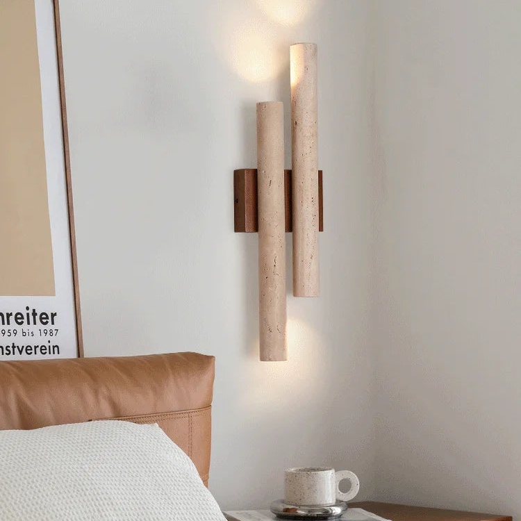 LuxRoyale Travertine Stone Wall Sconce Light - Modern Up Down Bedroom Lamp 50cm