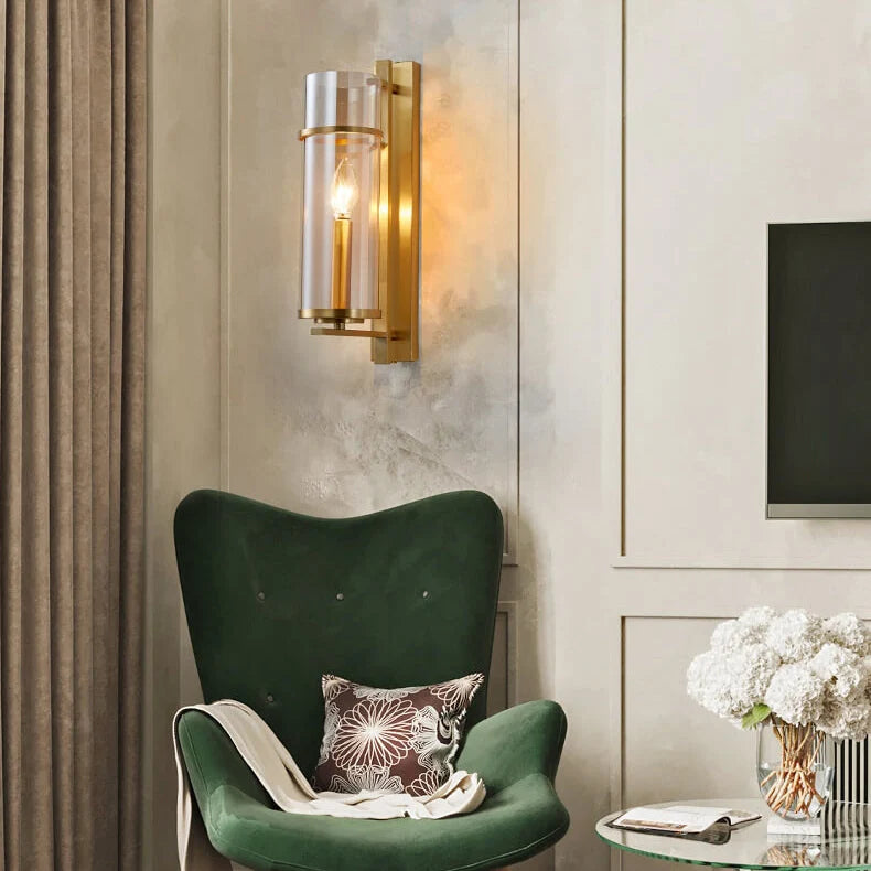 RoyaleGlow Farmhouse Brass Wall Sconce with Clear Cylinder Glass Shade - Royale Basic