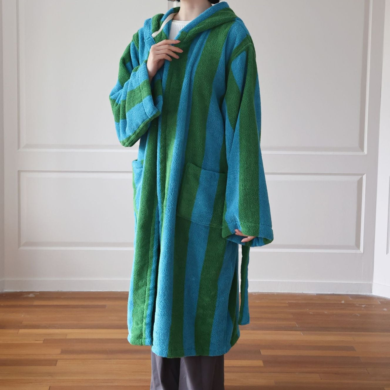 RoyaleGlow Organic Cotton Hooded Bathrobe Thick Striped Spa Robe