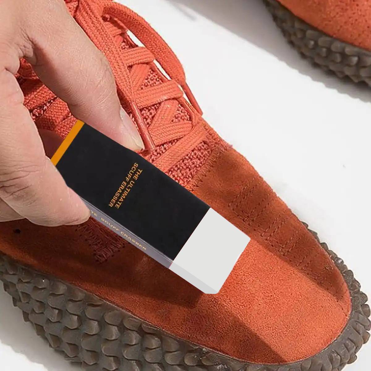 Compact sneaker eraser for dry cleaning shoes, non-toxic rubber stain remover for leather and sneakers, dual-action dirt lifting and polishing shoe cleaner.