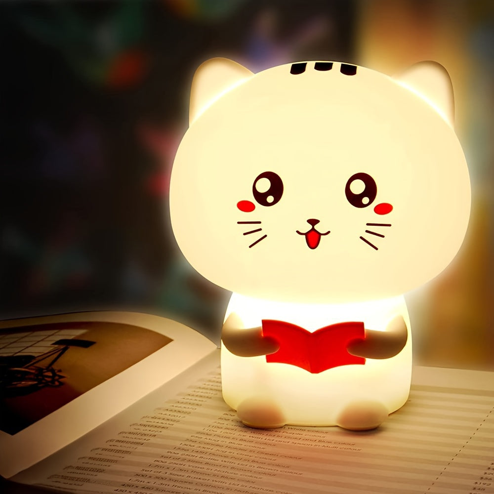 Kawaii Night Light - Cute Reading Kitty Silicone Lamp with 7 Color Changing Modes & USB Rechargeable Battery - Pink
