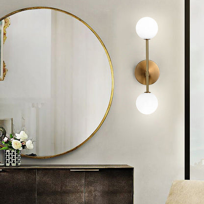 LuxRoyale Modern Brass Double Globe Wall Sconce-Frosted Glass Vanity Light Fixture