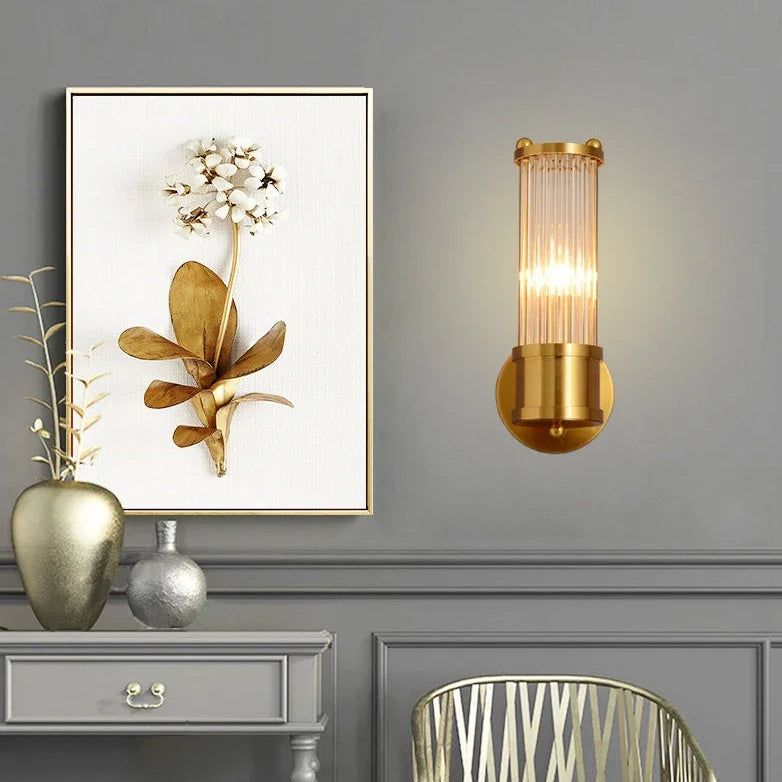 Rayvia Polished Brass Fluted Crystal Column Wall Sconce