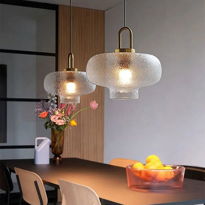 RoyaleGlow Mid-Century Textured Glass & Brass Pendant Light - Modern Ceiling Fixture