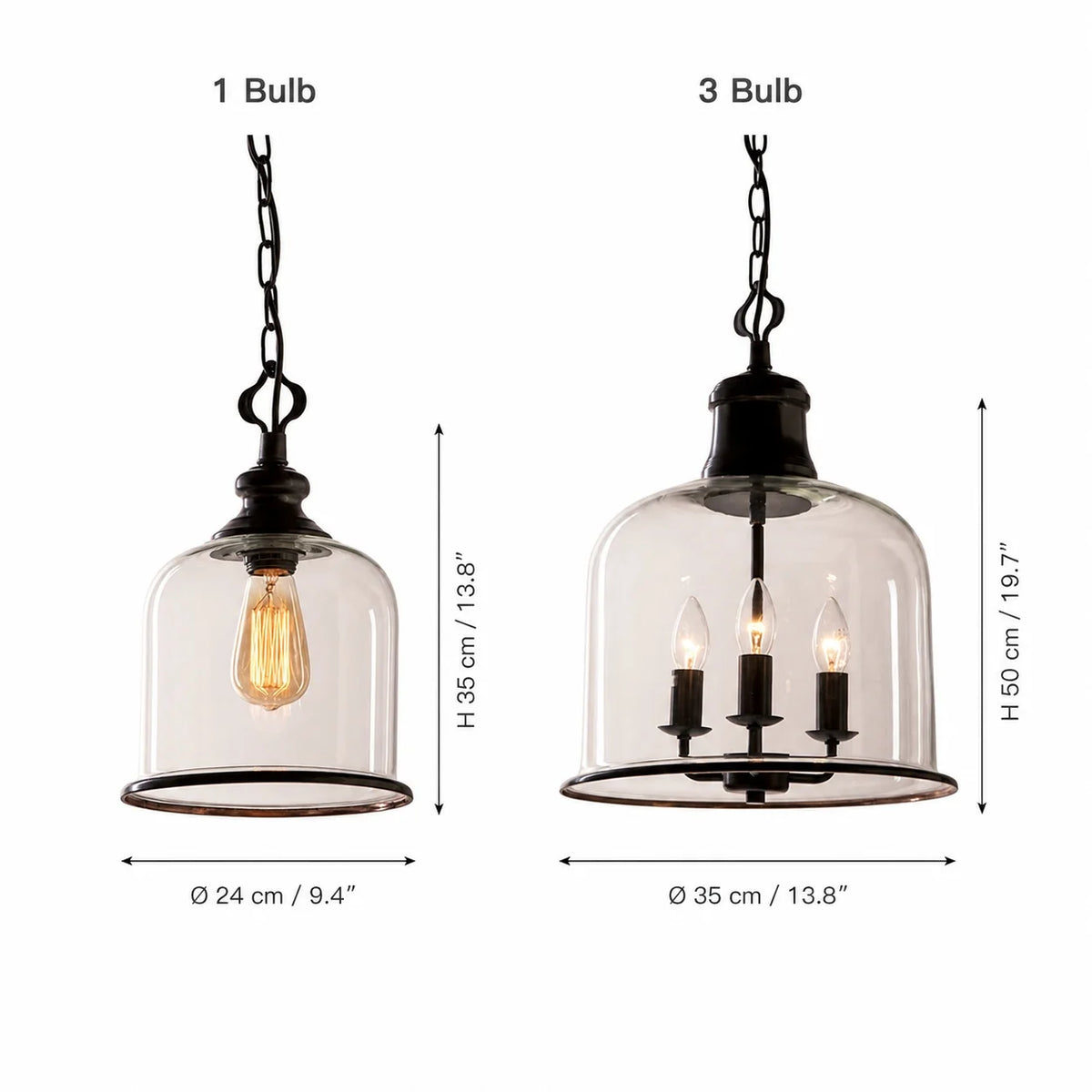 LuxRoyale Bell Shaped Glass Pendant Light - Adjustable Bronze Hanging Ceiling Fixture