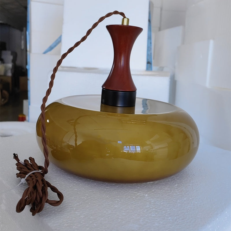 Rayvia Premium Amber Glass Pendant Light with Wood Accent for Living Dining Room.