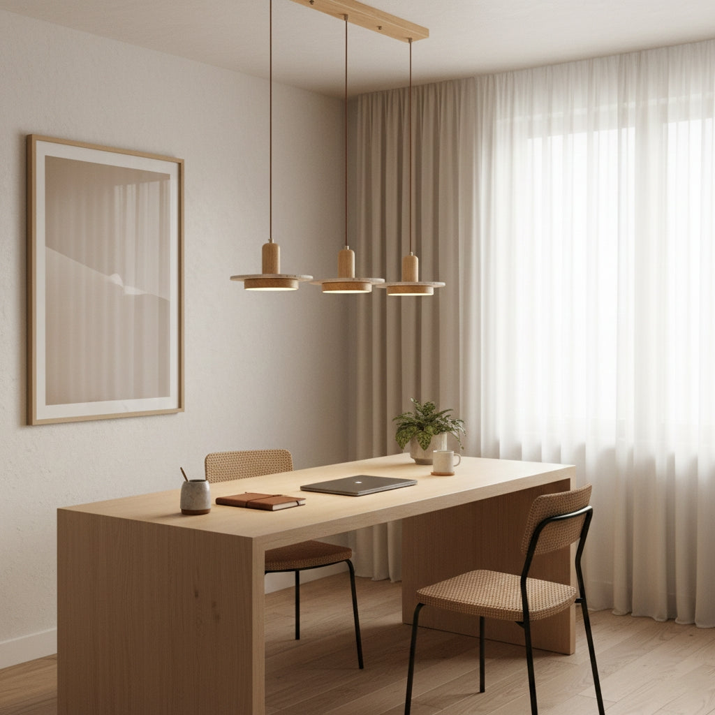 RoyaleGlow Wabi Sabi Travertine Stone & Wood Pendant Light - Modern Minimalist Lighting