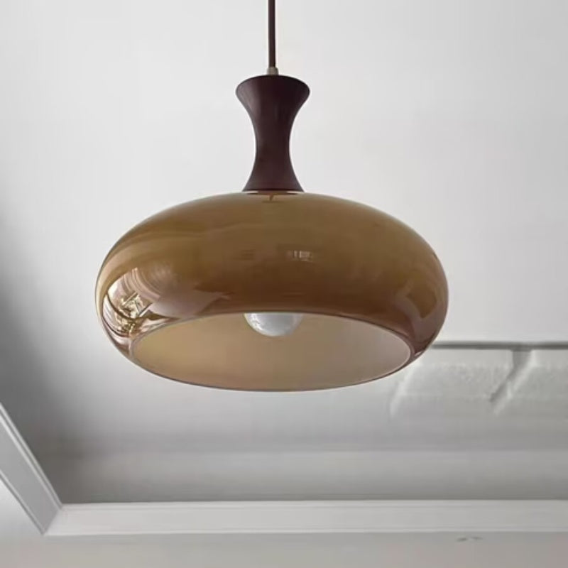 Rayvia Premium Amber Glass Pendant Light with Wood Accent for Living Dining Room.