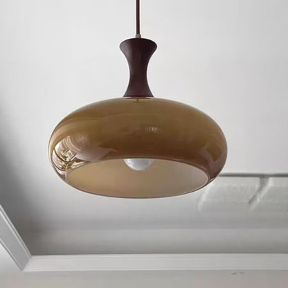 Rayvia Premium Amber Glass Pendant Light with Wood Accent for Living Dining Room.