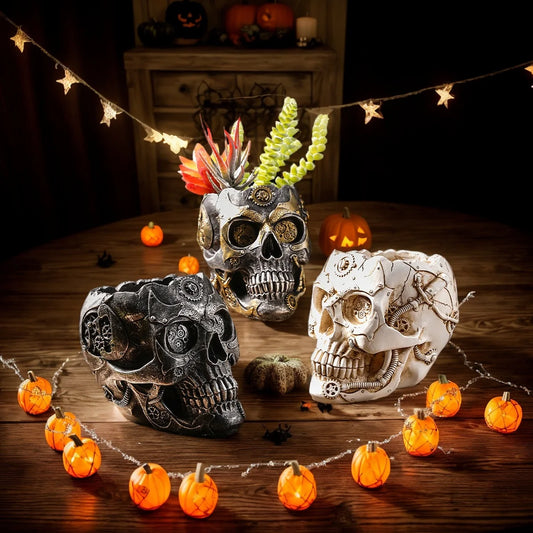 1PC, Halloween party punk-style mechanical white, black gold, and silver-black skull-shaped vases 0