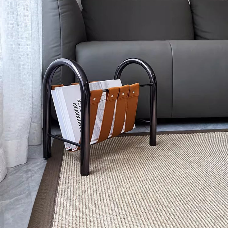RoyaleGlow Modern Black Leather Magazine Holder with Metal Frame Storage Rack