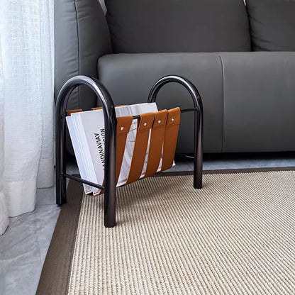 RoyaleGlow Modern Black Leather Magazine Holder with Metal Frame Storage Rack