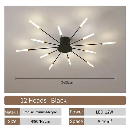 LuxRoyale Modern Sputnik LED Ceiling Light - Minimalist Black & Gold Radial Fixture