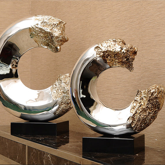 RoyaleGlow Modern Abstract Sculpture Silver & Gold Metallic Resin Art Decor 17" H