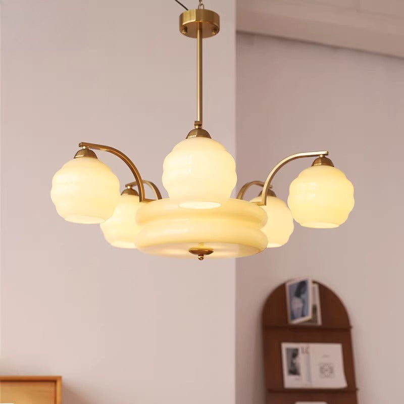 RoyaleGlow Art Deco Brass Chandelier with Frosted Glass Shades