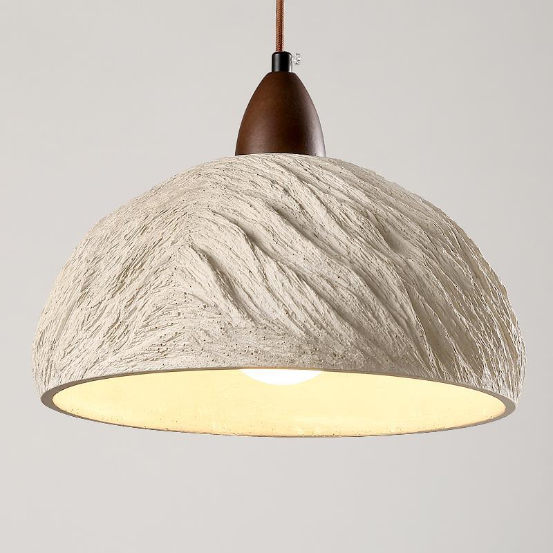 Lumora Terra Zen Pendant Light, Travertine Texture With Scalloped Edge And Walnut Accents For Japandi Modern Homes