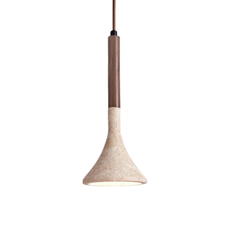 Royelux Travertine Cone Pendant Light with Walnut Wood Accent