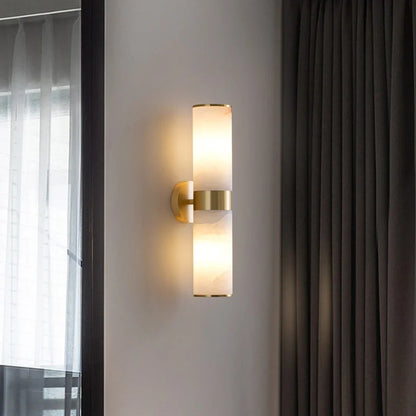 RoyaleGlow Art Deco Alabaster Sconce - Antique Brass Cylindrical Wall Lamp