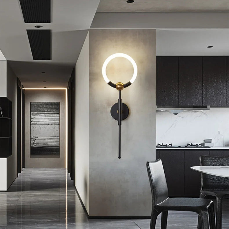 RoyaleGlow Modern LED Wall Sconce, Gold & Black Iron, Acrylic Circle Light for Bedroom