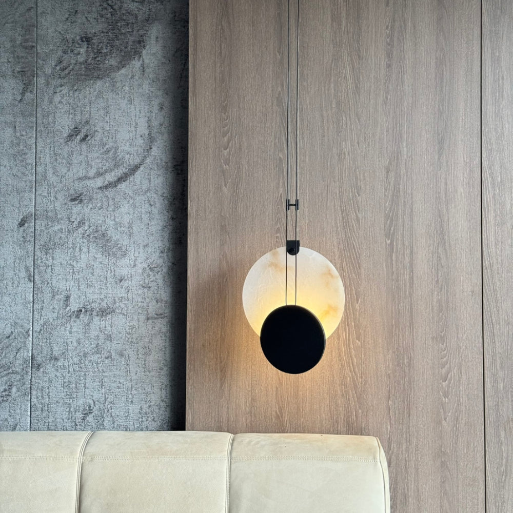 LuxRoyale Luna Alabaster LED Pendant Light-Black & White Disc Design