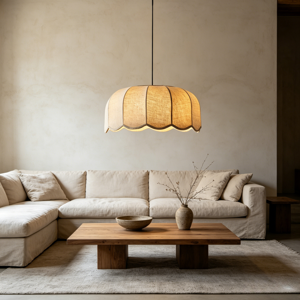 RoyaleGlow Scalloped Fabric Pendant Light-Beige Wavy Lampshade Elegant Hanging Lamp