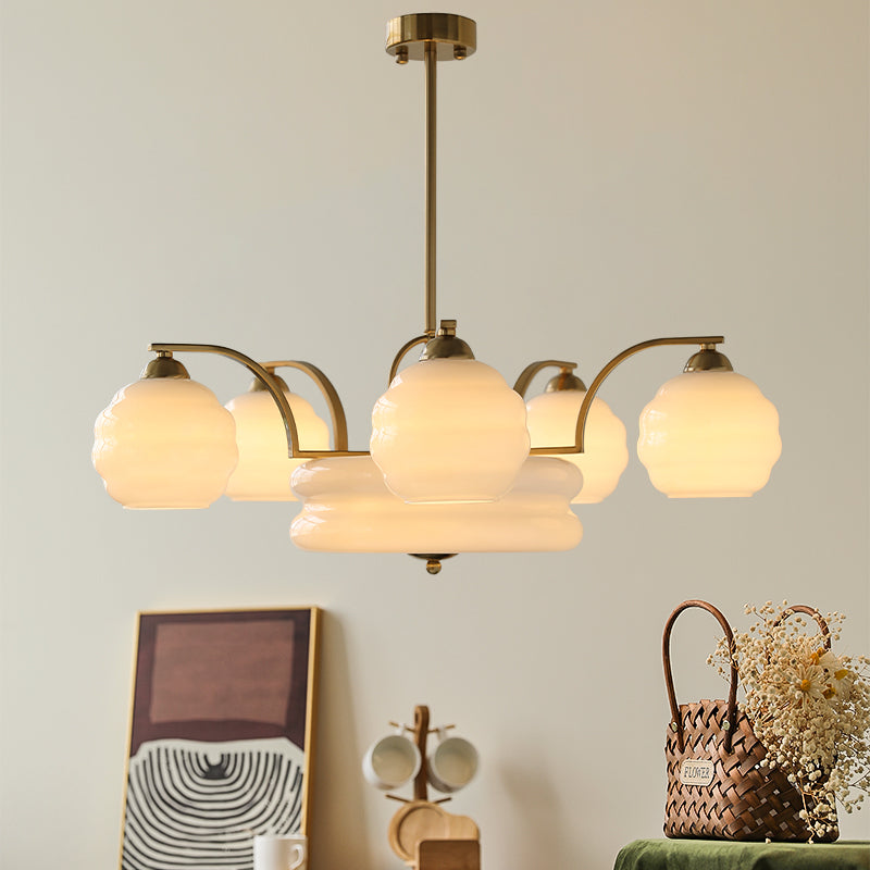 RoyaleGlow Art Deco Brass Chandelier with Frosted Glass Shades