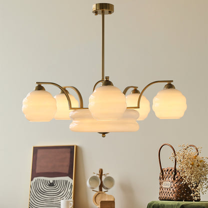 RoyaleGlow Art Deco Brass Chandelier with Frosted Glass Shades