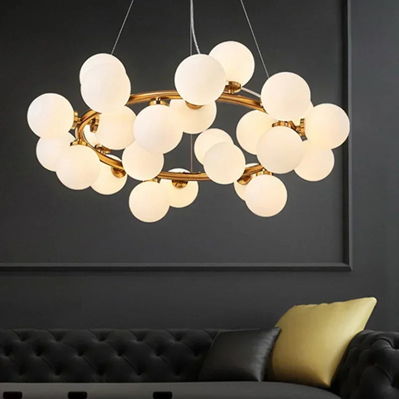 LuxRoyale Modern Gold Chandelier with White Glass Globes for Living Room