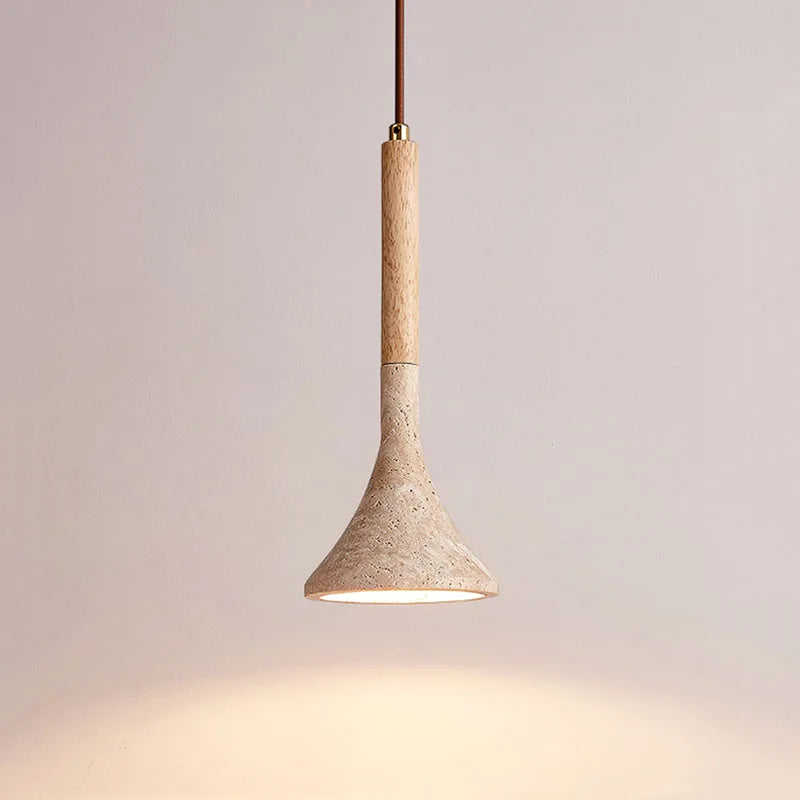 Royelux Travertine Cone Pendant Light with Walnut Wood Accent