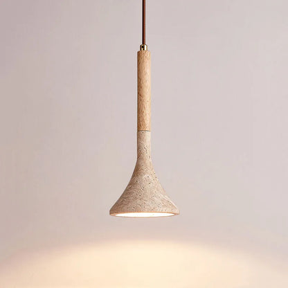 Royelux Travertine Cone Pendant Light with Walnut Wood Accent