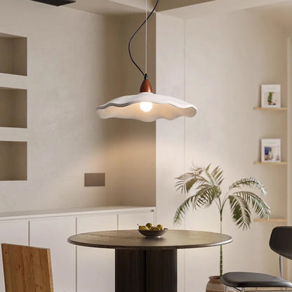 Lumora Terra Zen Pendant Light, Travertine Texture With Scalloped Edge And Walnut Accents For Japandi Modern Homes
