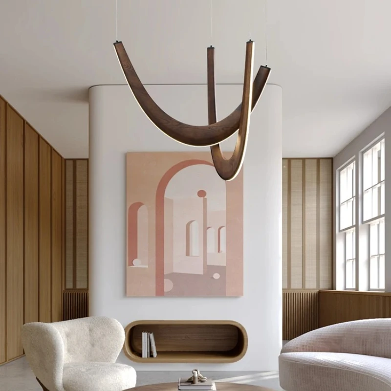 RoyaleGlow Modern Curved Wood LED Pendant Light - Artistic Dining Room Chandelier