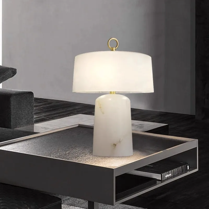 LuxRoyale Alabaster & Brass LED Table Lamp with Drum Shade & Ring Finial