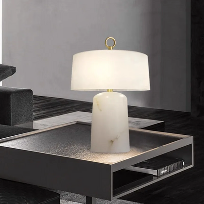 LuxRoyale Alabaster & Brass LED Table Lamp with Drum Shade & Ring Finial