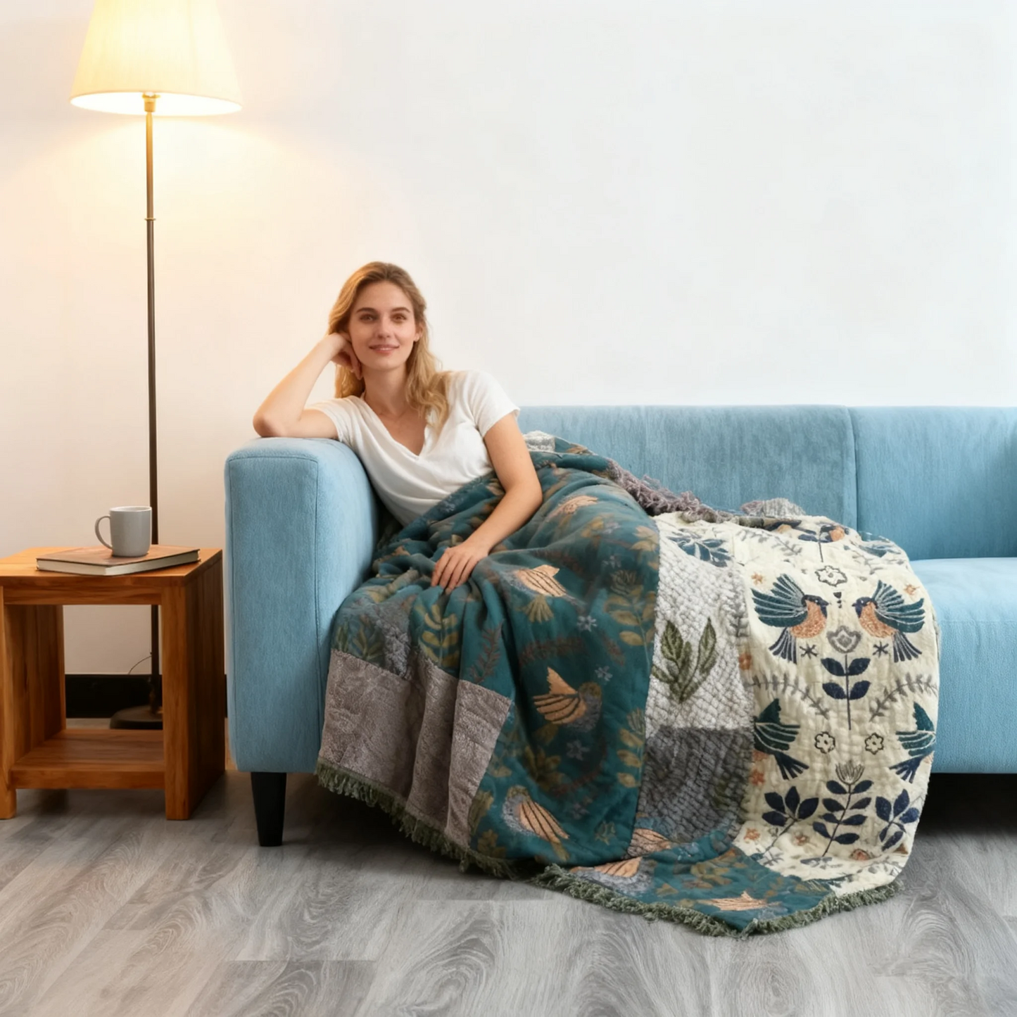 Lumora Reversible Cotton Throw Blanket with Bird Design - Cozy, Versatile for Every Season