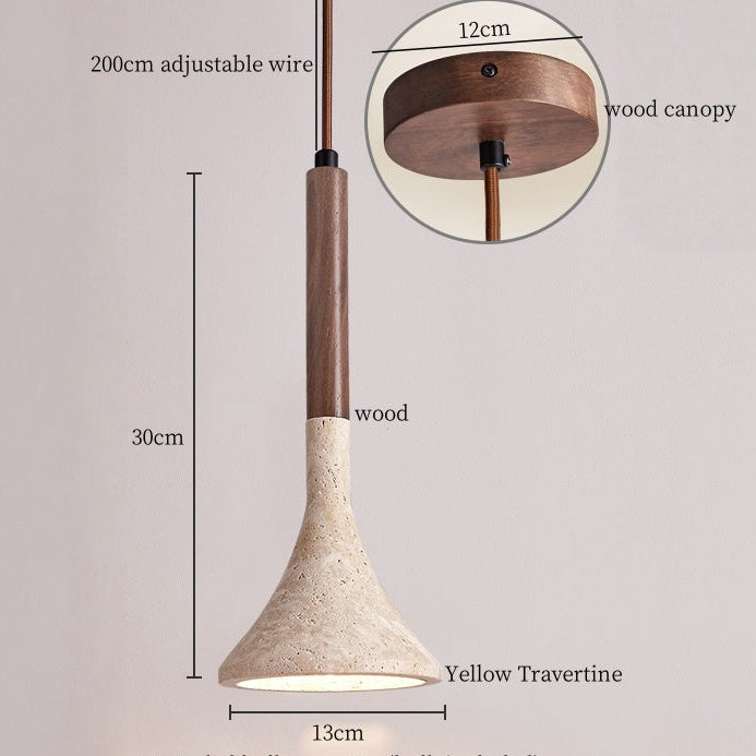 Royelux Travertine Cone Pendant Light with Walnut Wood Accent