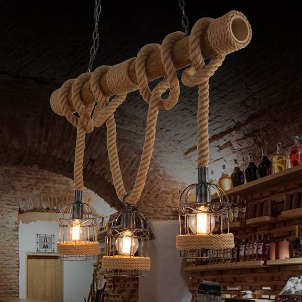 Royaleva Retro Hanging Lamp with Hemp Rope, Bamboo & Iron Cage Design