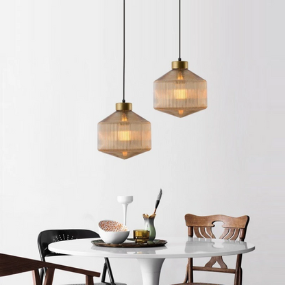RoyaleGlow Modern Ribbed Glass Pendant Light with Brass Finish for Kitchen Island & Dining
