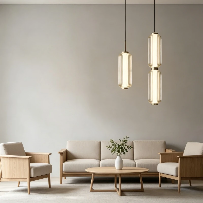RoyaleGlow Modern Ribbed Glass Pendant Light - Brushed Gold Linear Cylinder Hanging Lamp