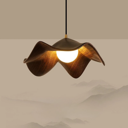 LuxRoyale Petal Wave Organic LED Pendant Light Lotus-Inspired Wood-Texture for Japandi Bedroom and Dining Room