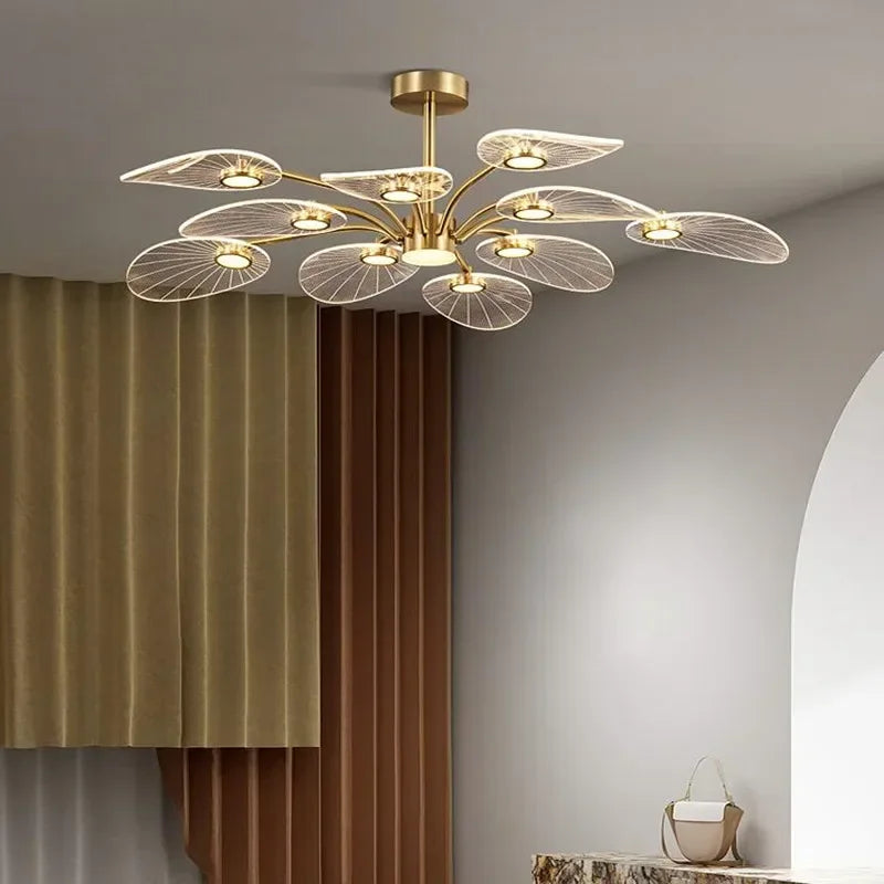 Royelux Modern LED Chandelier with Petal Acrylic Shades - Brushed Gold Finish