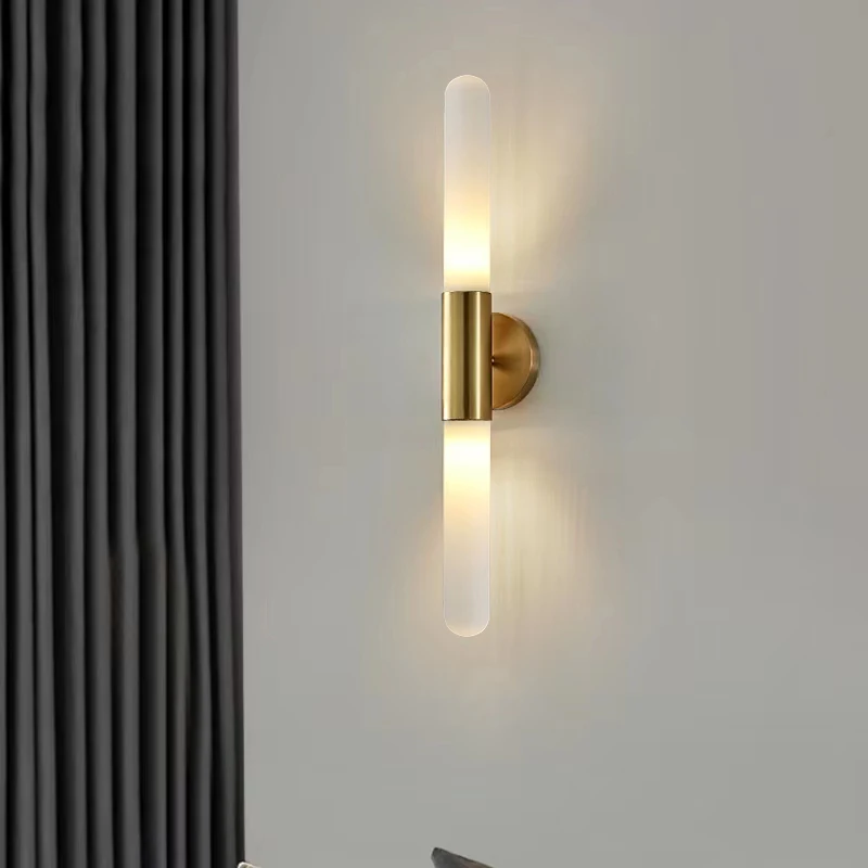 LuxRoyale Modern Brass LED Wall Sconce with Frosted Glass Rod for Bedroom & Living Room