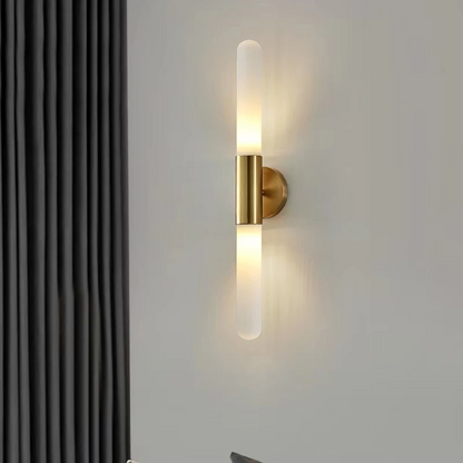 LuxRoyale Modern Brass LED Wall Sconce with Frosted Glass Rod for Bedroom & Living Room