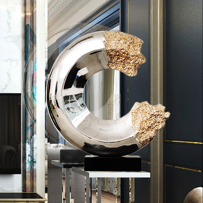 RoyaleGlow Modern Abstract Sculpture Silver & Gold Metallic Resin Art Decor 17" H