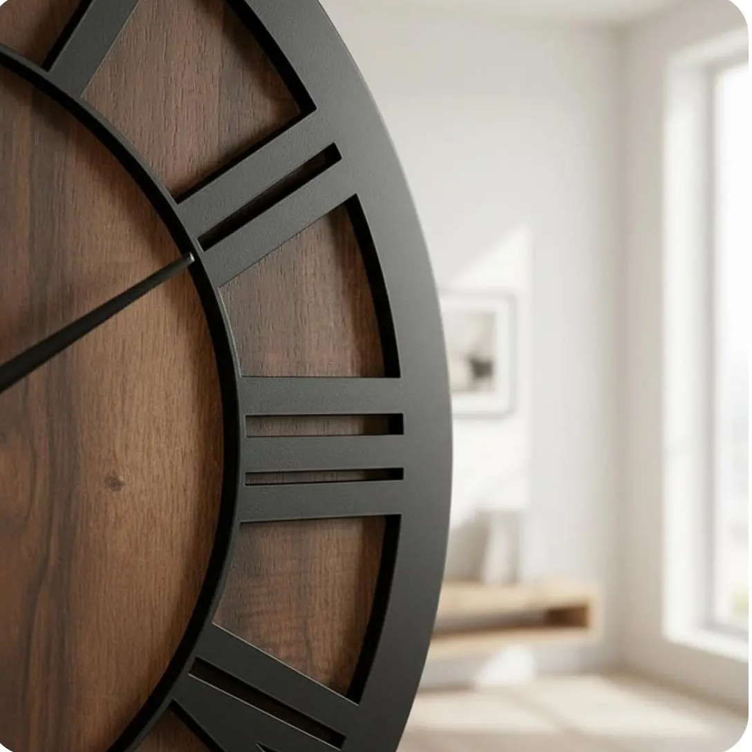 Royaleva Black Metal & Walnut Wall Clock Silent Roman Numeral Design